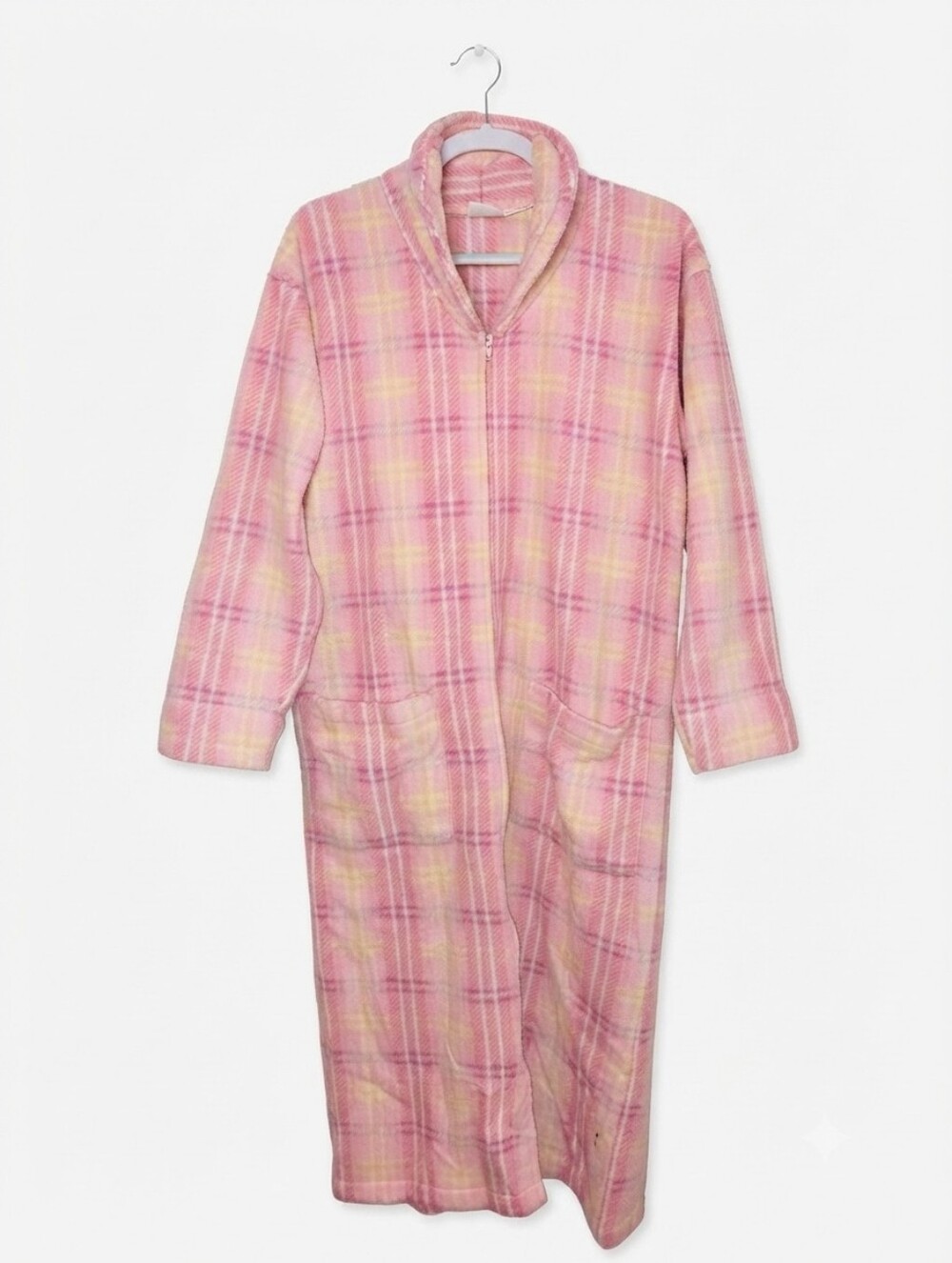 Vintage Pink Yellow Plaid Fleece Zip-Front Robe - Size M